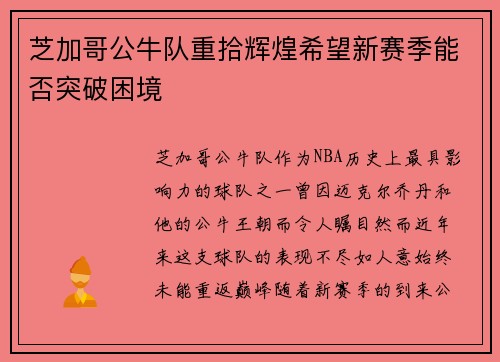 芝加哥公牛队重拾辉煌希望新赛季能否突破困境